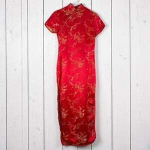 Da Hwa Red Gold Brocade Cheongsam Maxi Dress Size 36 Y2K Oriental Glam